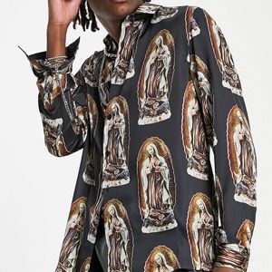 ASOS DESIGN revere satin shirt in renaissance print.